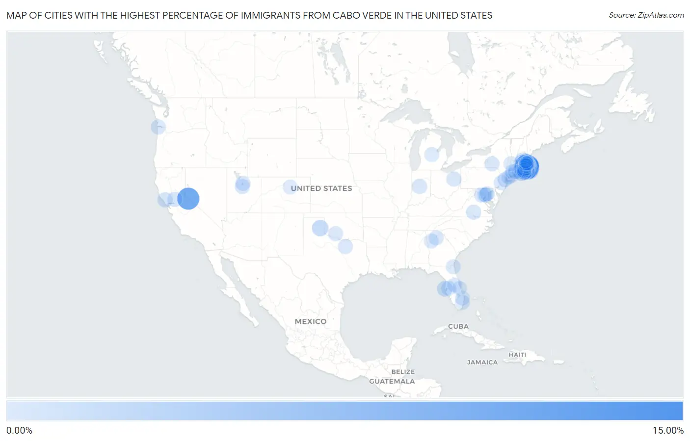 Cities with the Highest Percentage of Immigrants from Cabo Verde in the United States Map