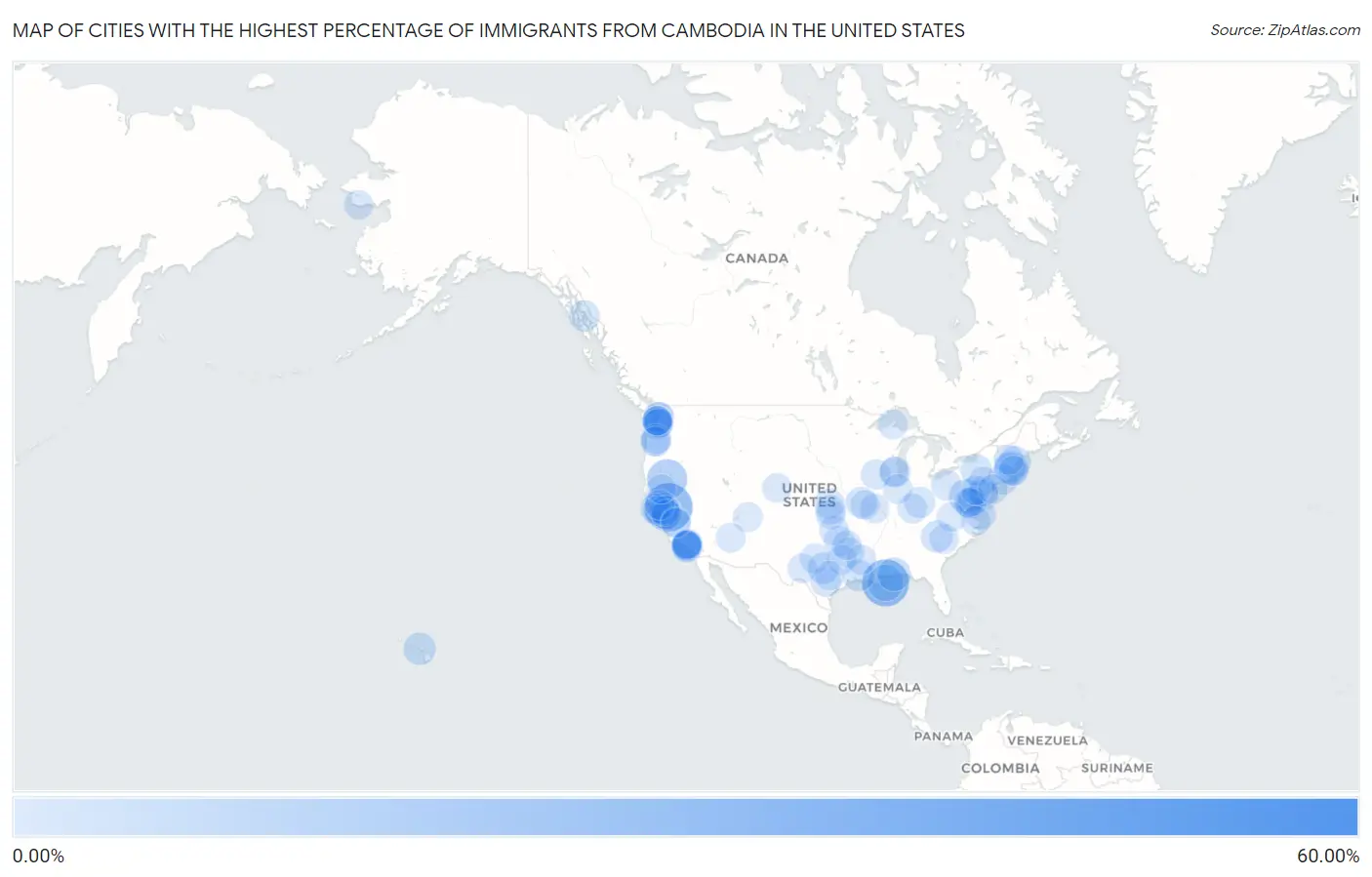 Cities with the Highest Percentage of Immigrants from Cambodia in the United States Map