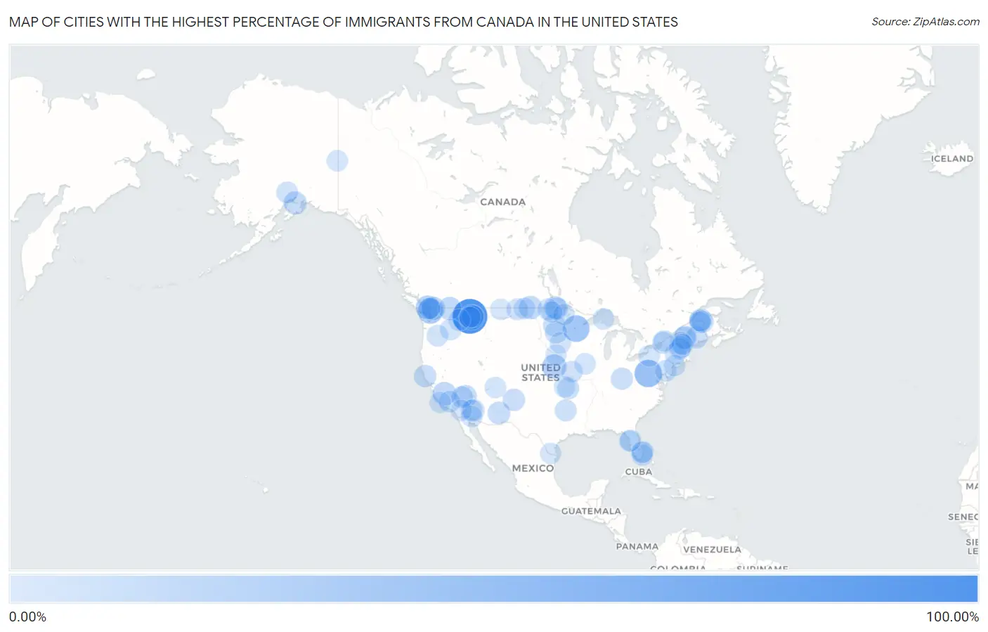 Cities with the Highest Percentage of Immigrants from Canada in the United States Map