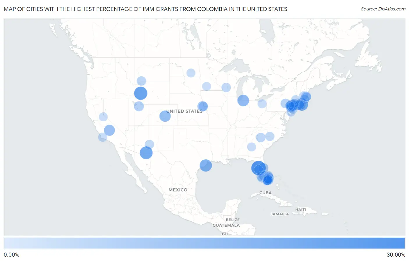 Cities with the Highest Percentage of Immigrants from Colombia in the United States Map