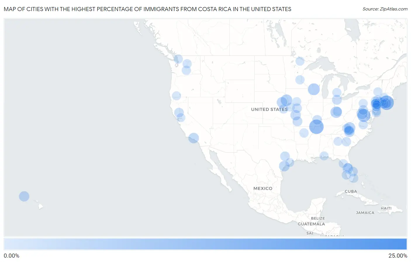 Cities with the Highest Percentage of Immigrants from Costa Rica in the United States Map