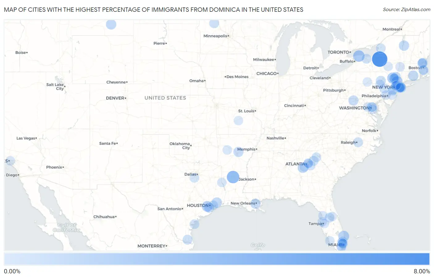 Cities with the Highest Percentage of Immigrants from Dominica in the United States Map