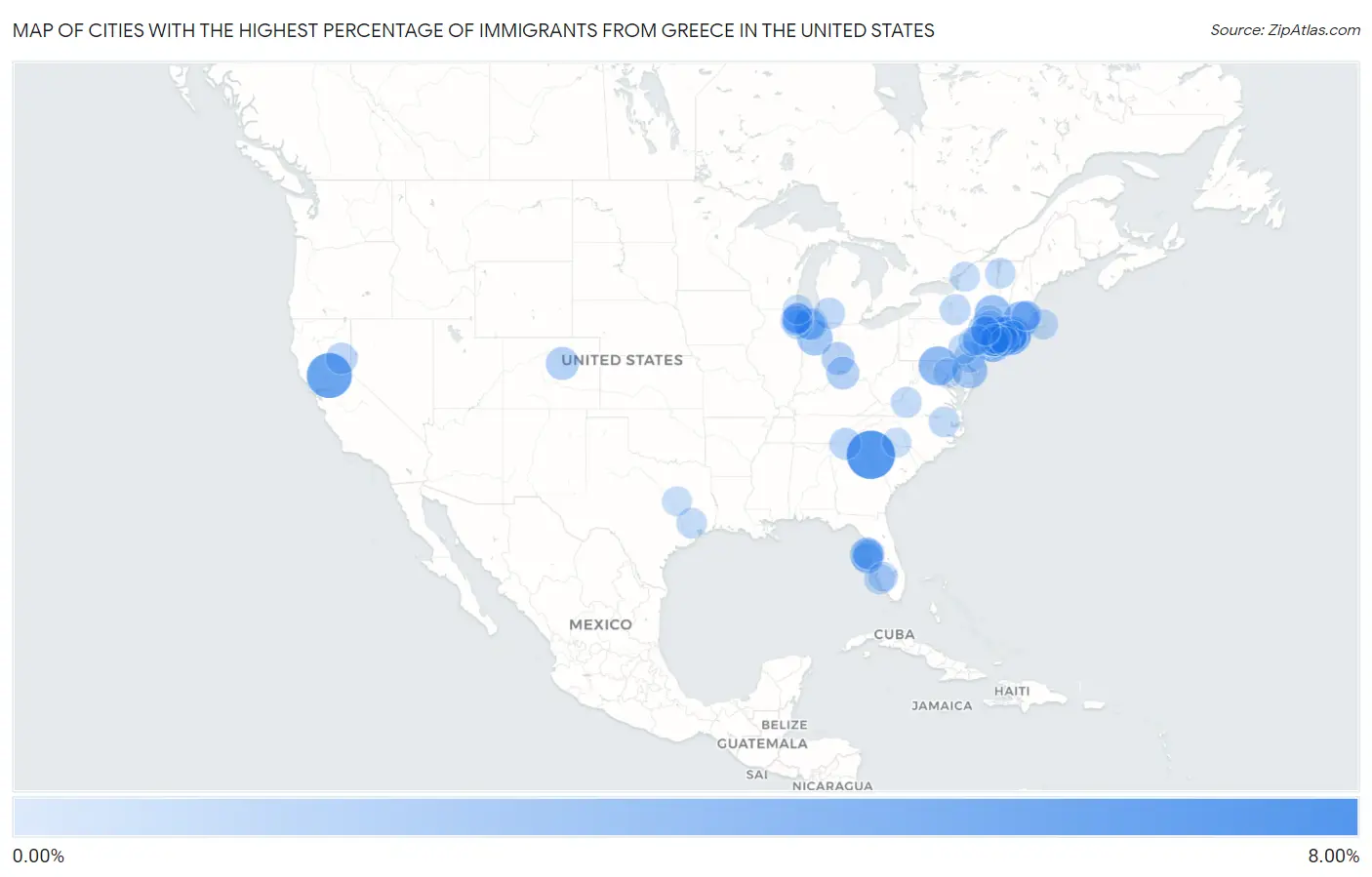 Cities with the Highest Percentage of Immigrants from Greece in the United States Map