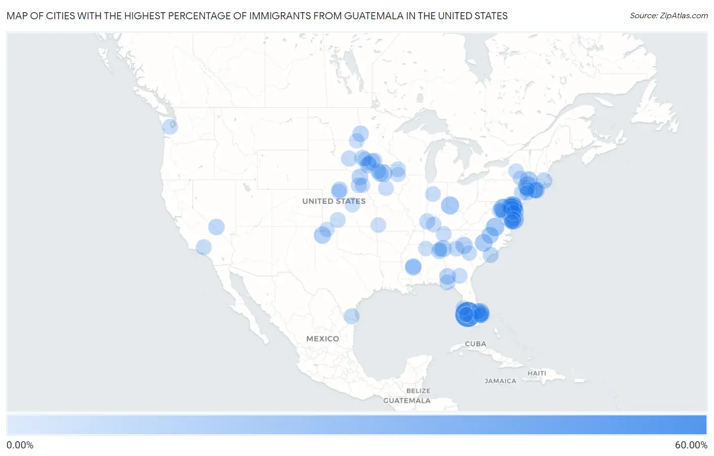 Cities with the Highest Percentage of Immigrants from Guatemala in the United States Map