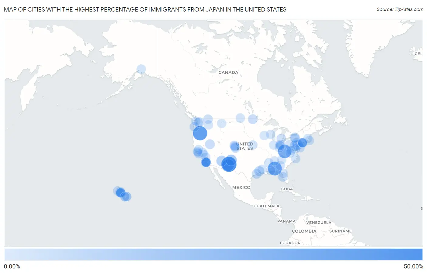 Cities with the Highest Percentage of Immigrants from Japan in the United States Map