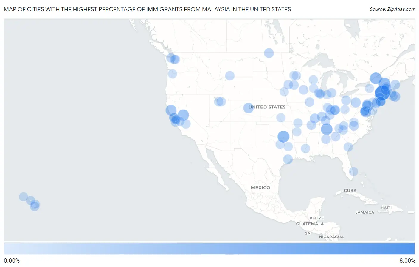 Cities with the Highest Percentage of Immigrants from Malaysia in the United States Map
