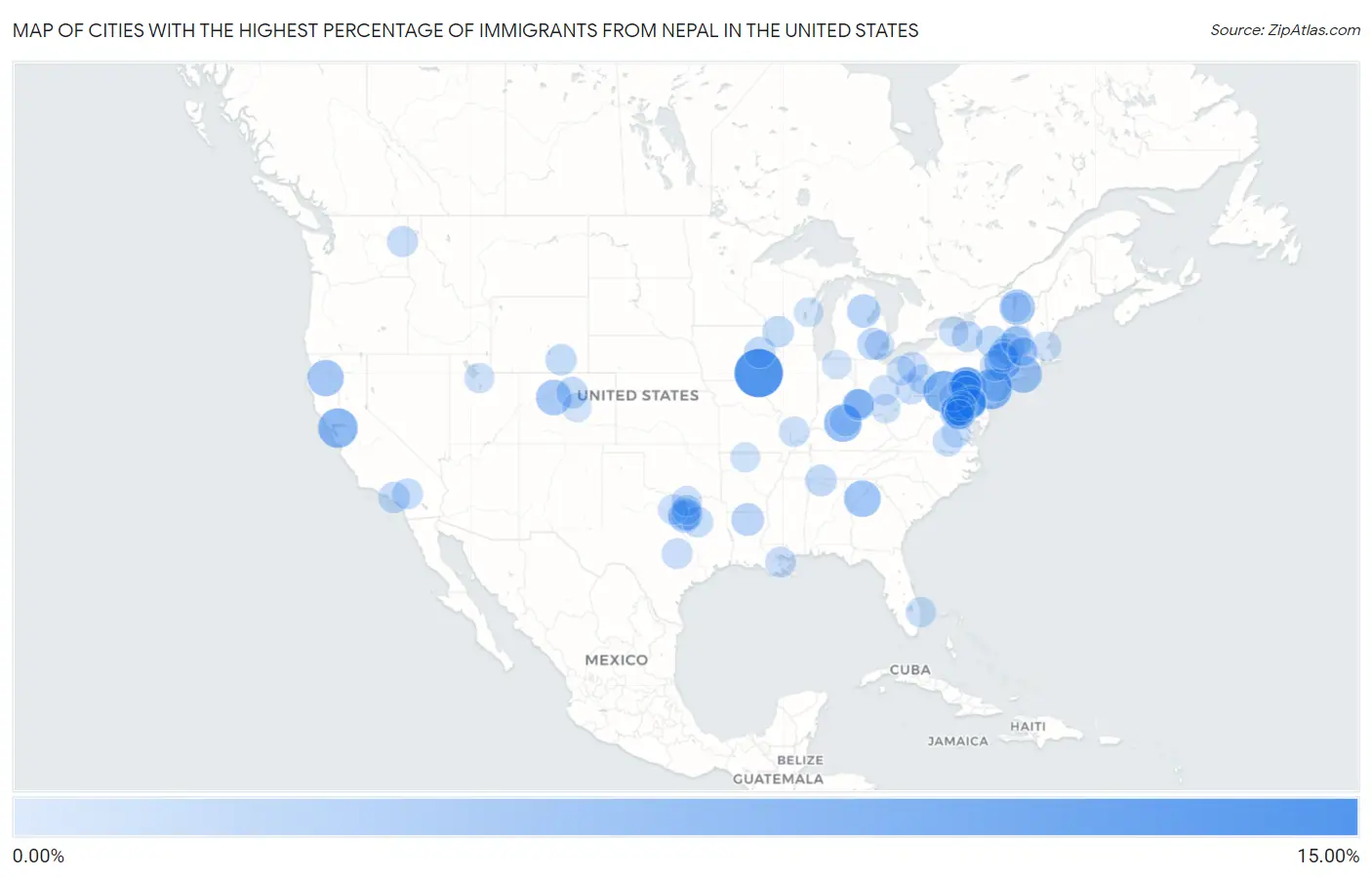 Cities with the Highest Percentage of Immigrants from Nepal in the United States Map
