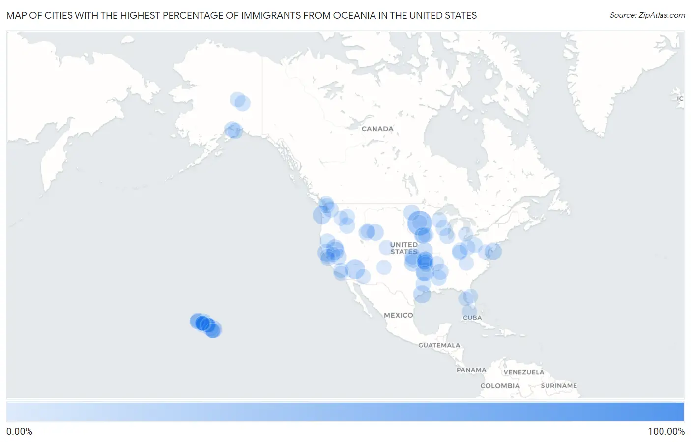 Cities with the Highest Percentage of Immigrants from Oceania in the United States Map