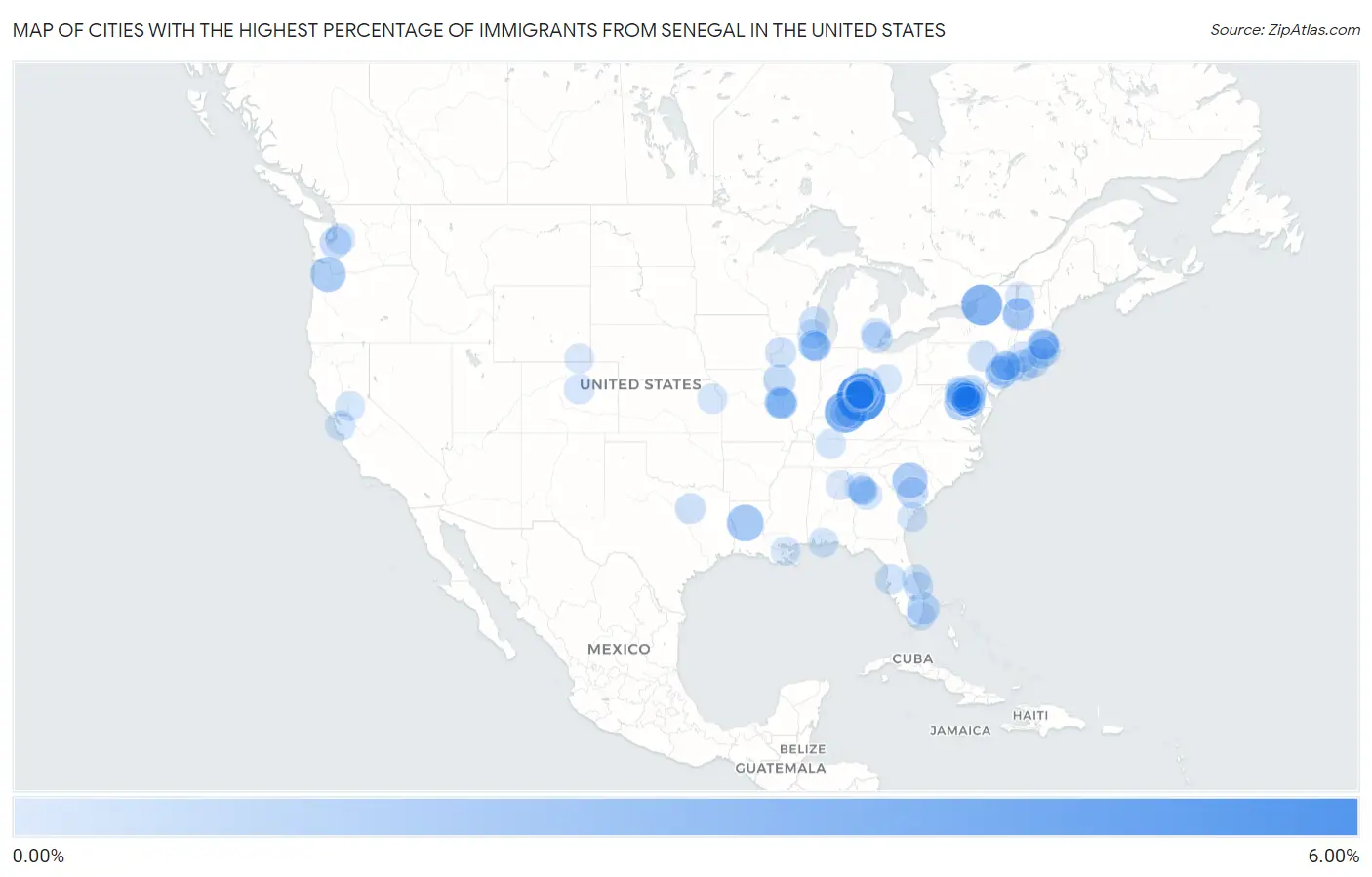 Cities with the Highest Percentage of Immigrants from Senegal in the United States Map