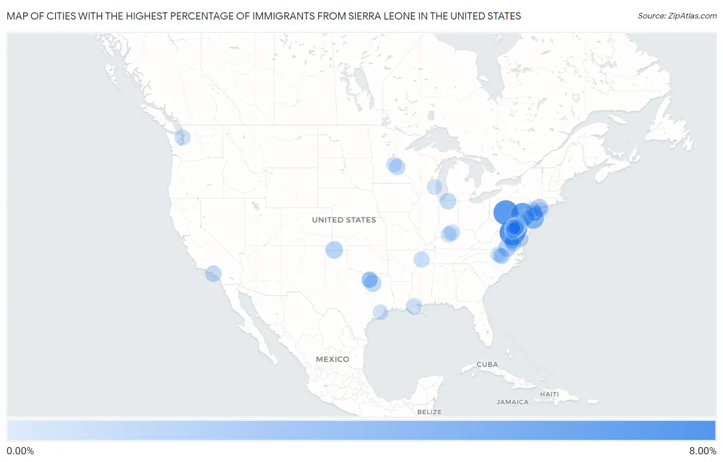 Cities with the Highest Percentage of Immigrants from Sierra Leone in the United States Map