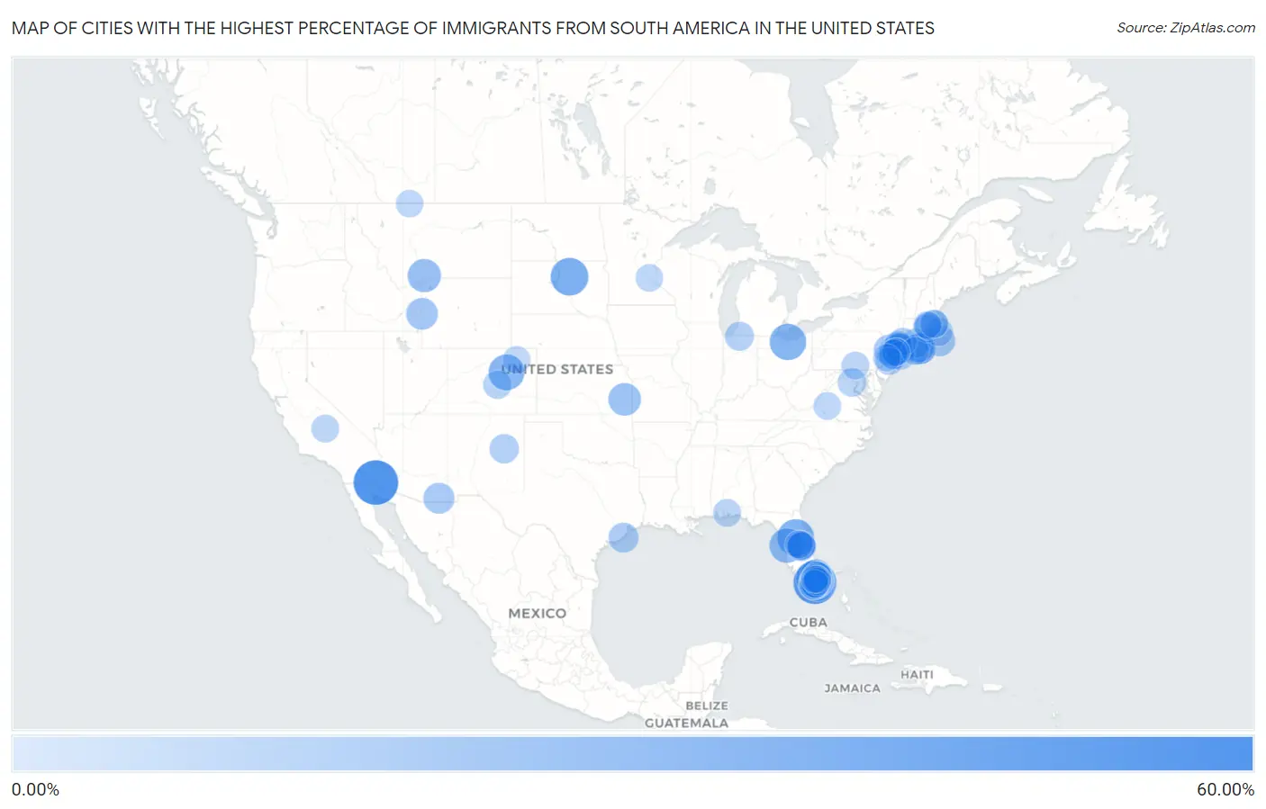 Cities with the Highest Percentage of Immigrants from South America in the United States Map