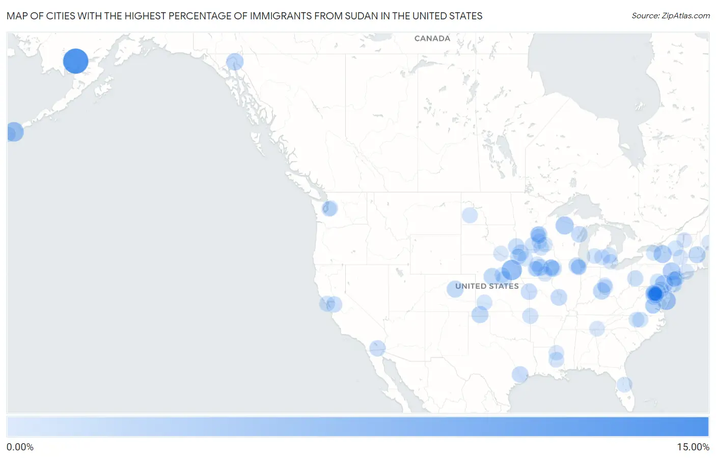 Cities with the Highest Percentage of Immigrants from Sudan in the United States Map