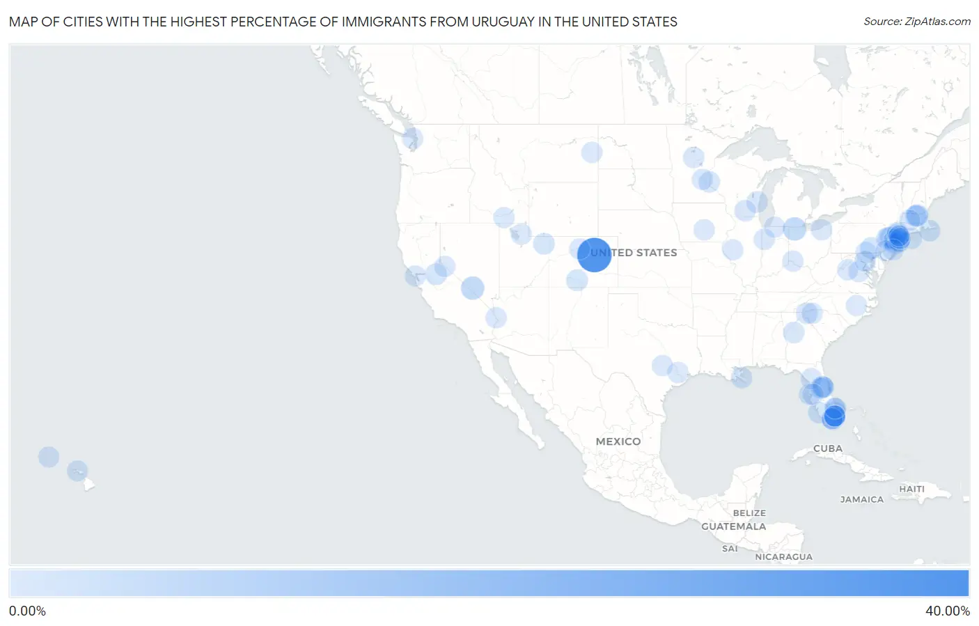 Cities with the Highest Percentage of Immigrants from Uruguay in the United States Map