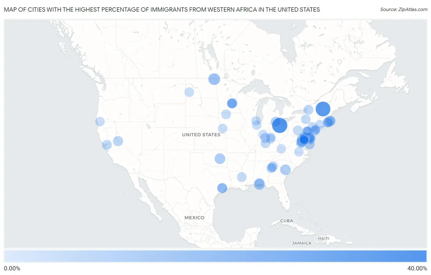 Cities with the Highest Percentage of Immigrants from Western Africa in the United States Map