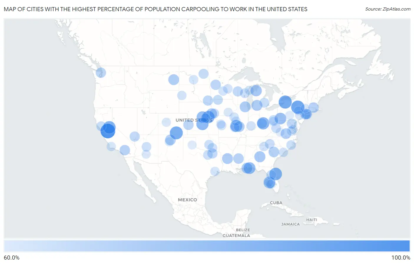 Cities with the Highest Percentage of Population Carpooling to Work in the United States Map