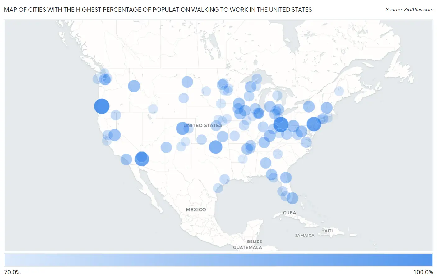 Cities with the Highest Percentage of Population Walking to Work in the United States Map