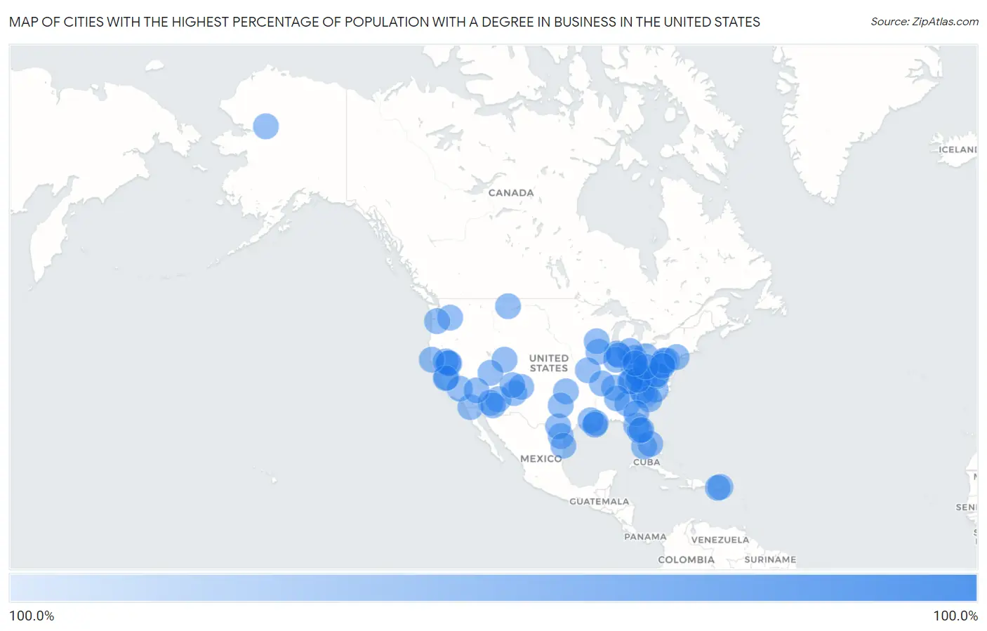 Cities with the Highest Percentage of Population with a Degree in Business in the United States Map