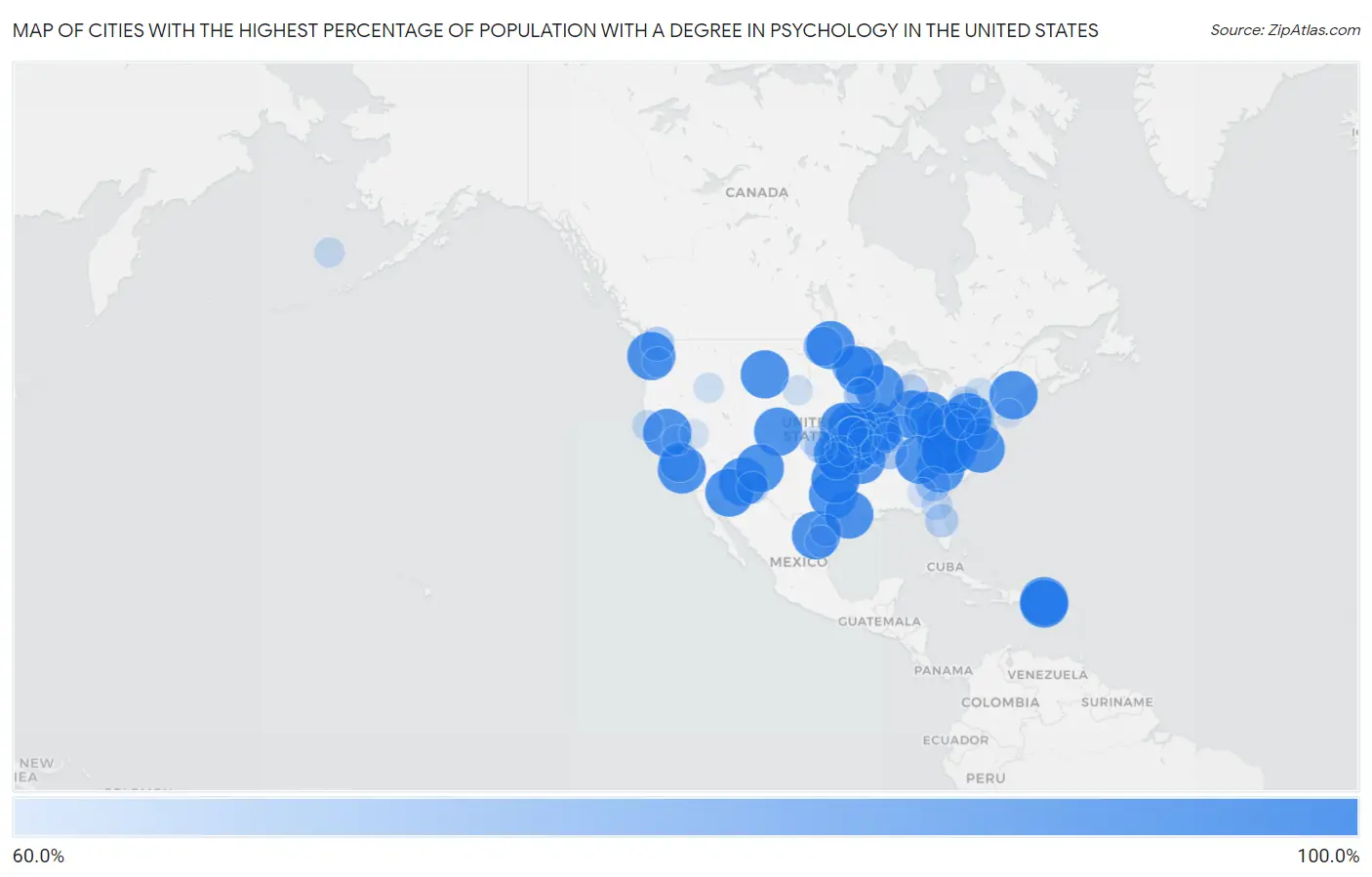 Cities with the Highest Percentage of Population with a Degree in Psychology in the United States Map