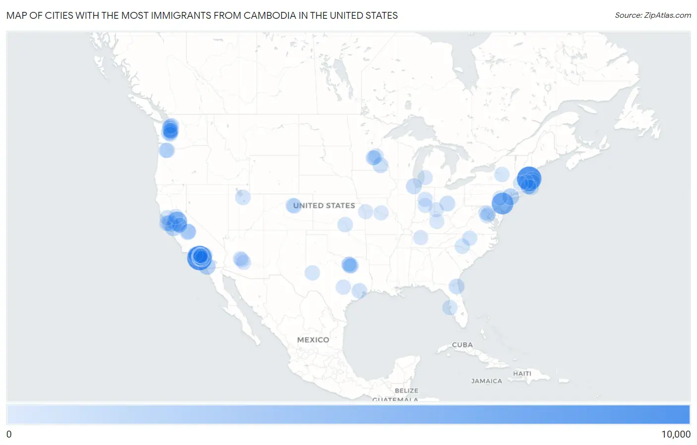 Cities with the Most Immigrants from Cambodia in the United States Map