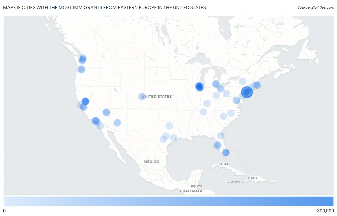 Cities with the Most Immigrants from Eastern Europe in the United States Map