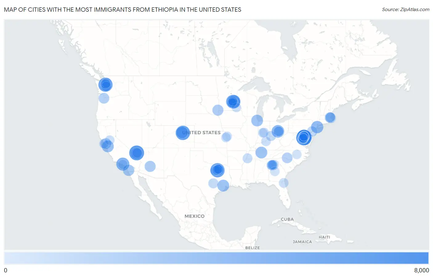 Cities with the Most Immigrants from Ethiopia in the United States Map