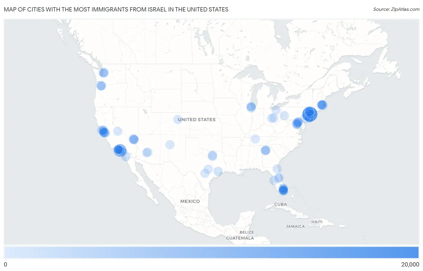 Cities with the Most Immigrants from Israel in the United States Map