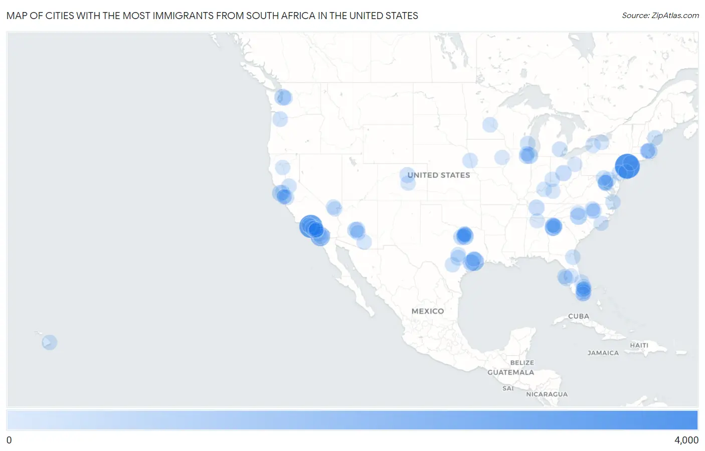 Cities with the Most Immigrants from South Africa in the United States Map