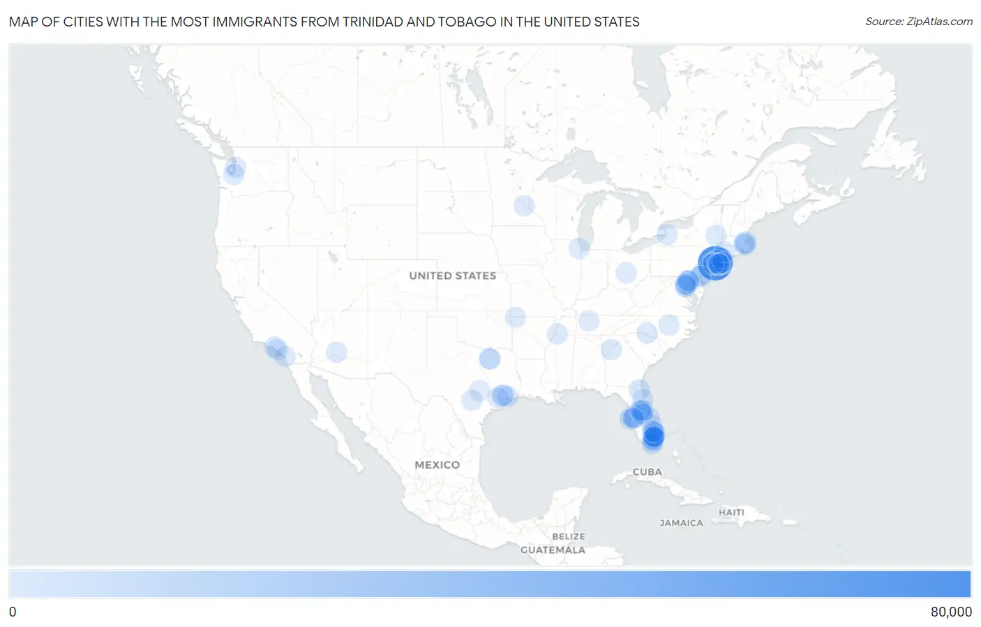 Cities with the Most Immigrants from Trinidad and Tobago in the United States Map