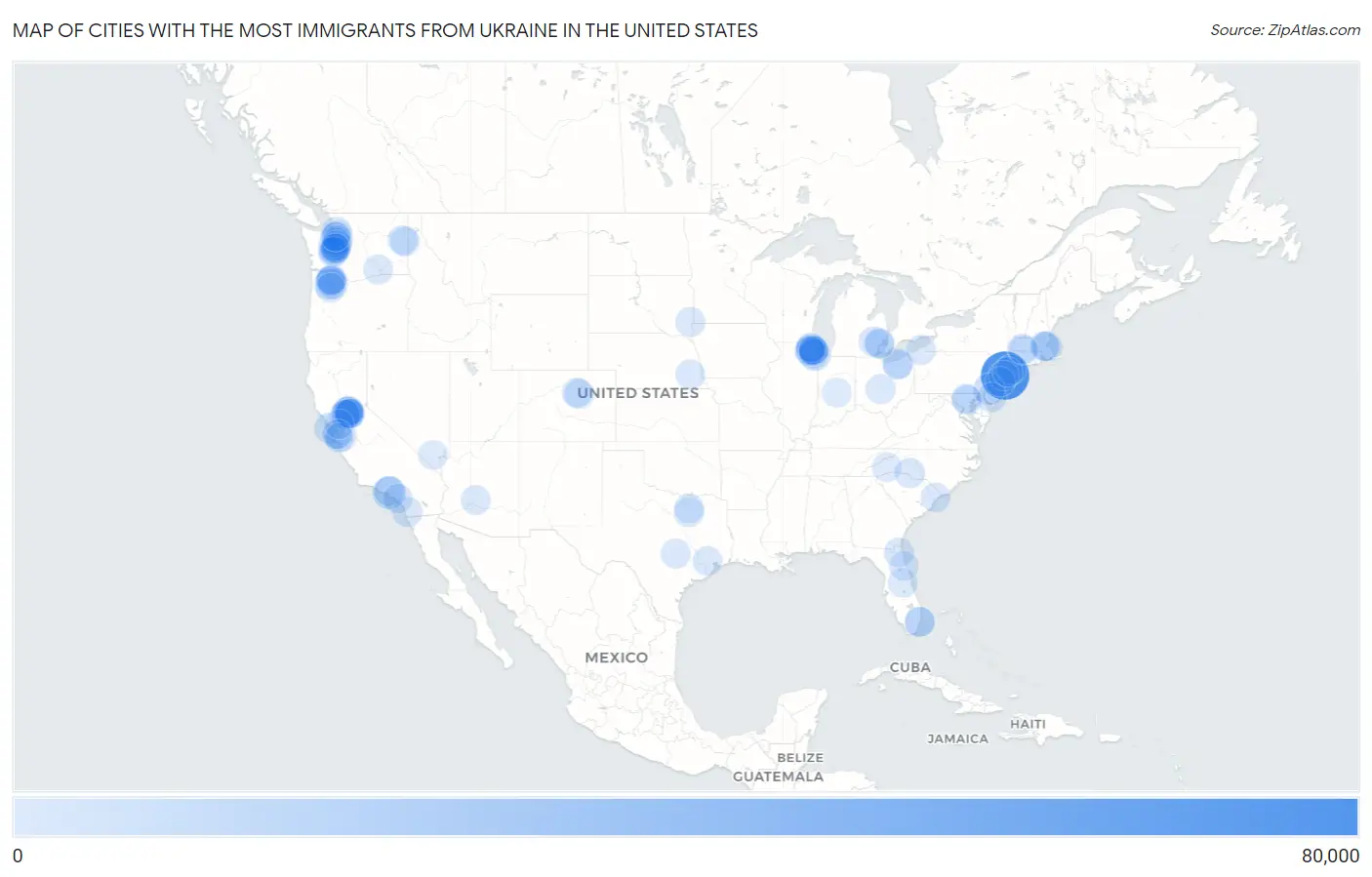 Cities with the Most Immigrants from Ukraine in the United States Map