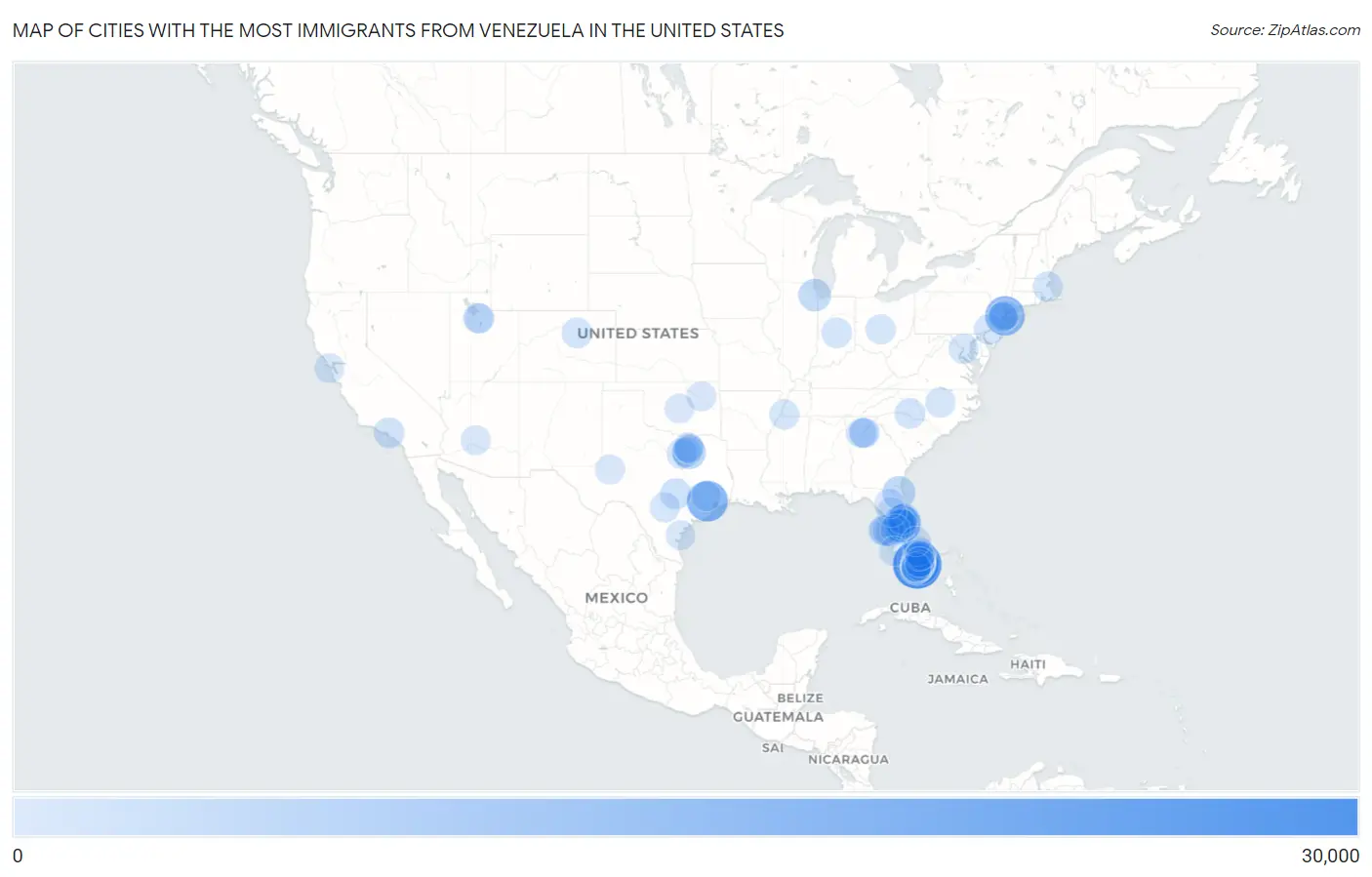 Cities with the Most Immigrants from Venezuela in the United States Map
