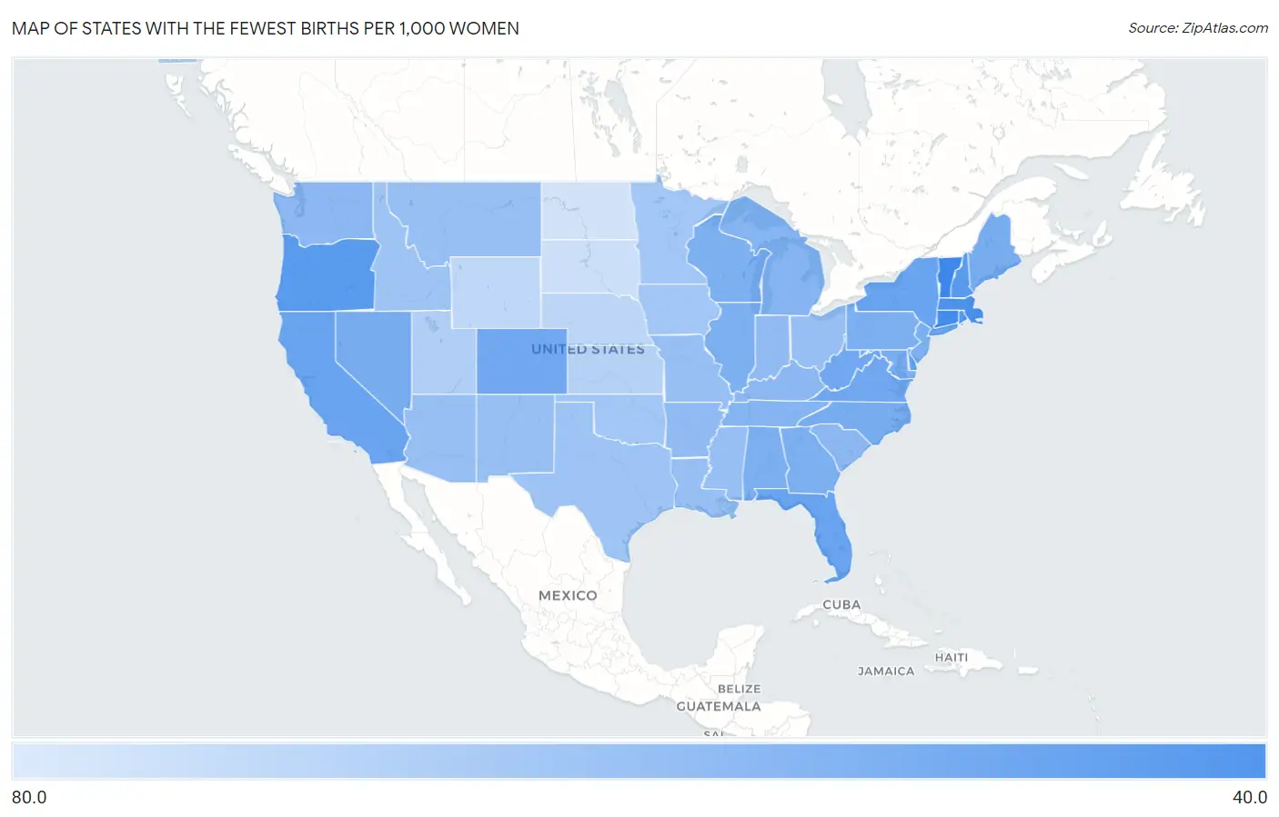 States with the Fewest Births per 1,000 Women in the United States Map
