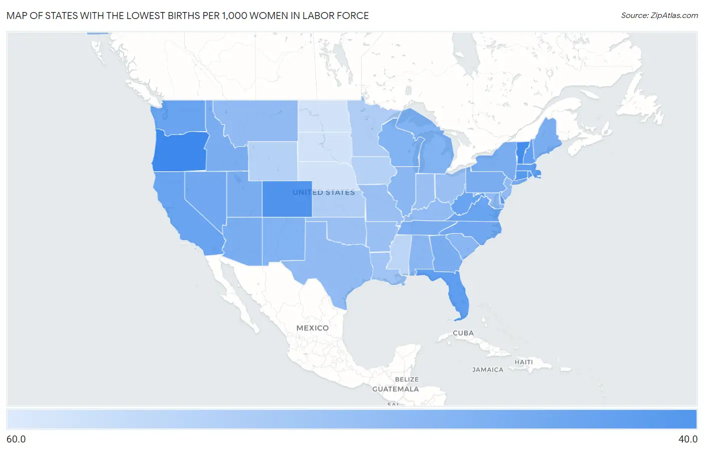 States with the Lowest Births per 1,000 Women in Labor Force in the United States Map