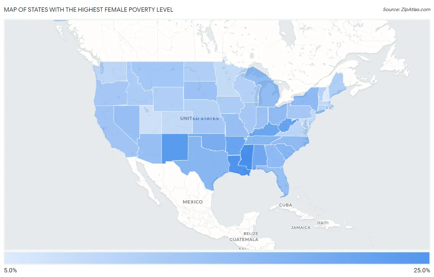 States with the Highest Female Poverty Level in the United States Map