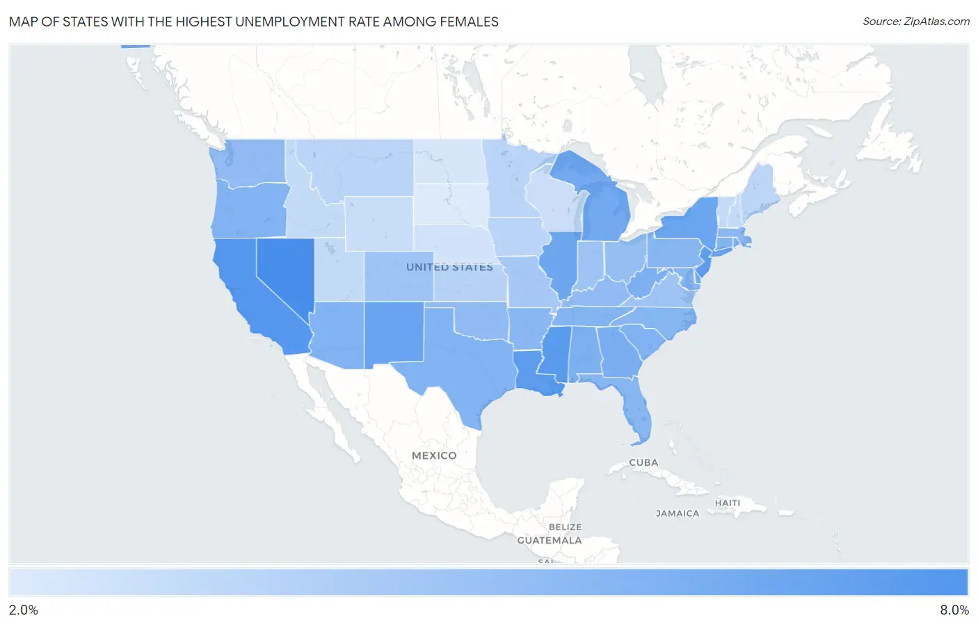 States with the Highest Unemployment Rate Among Females in the United States Map