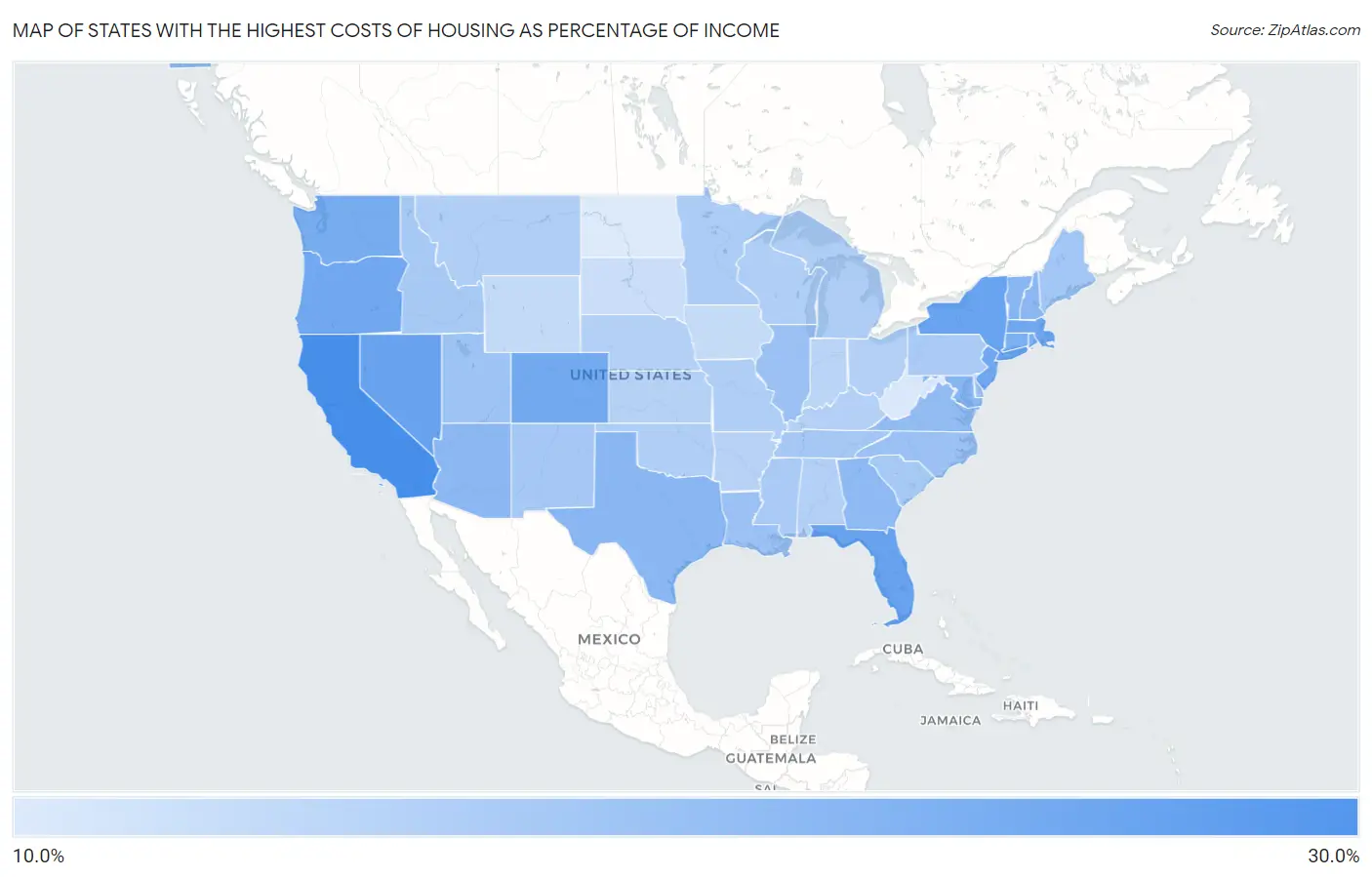 States with the Highest Costs of Housing as Percentage of Income in the United States Map
