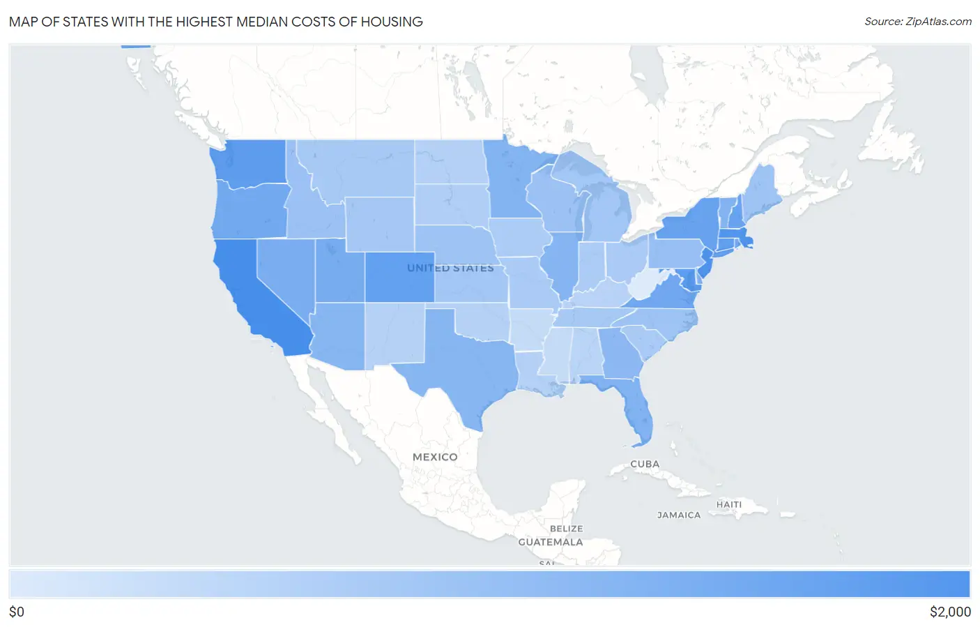 States with the Highest Median Costs of Housing in the United States Map