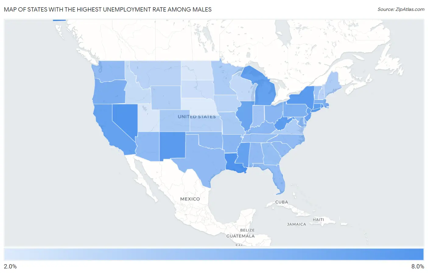 States with the Highest Unemployment Rate Among Males in the United States Map