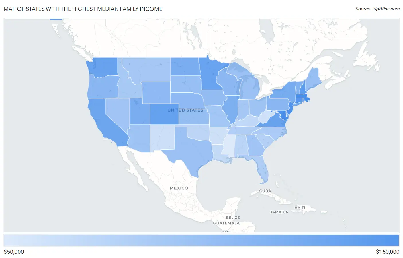 States with the Highest Median Family Income in the United States Map