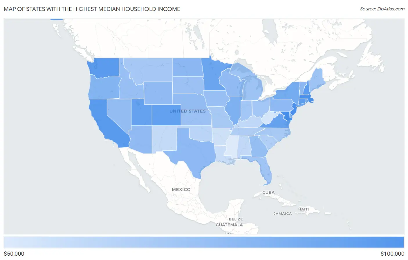 States with the Highest Median Household Income in the United States Map