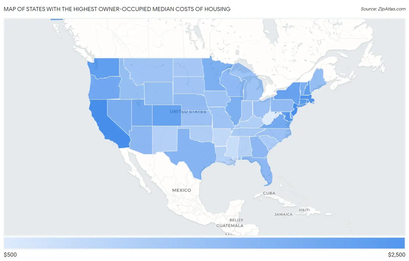 States with the Highest Owner-Occupied Median Costs of Housing in the United States Map