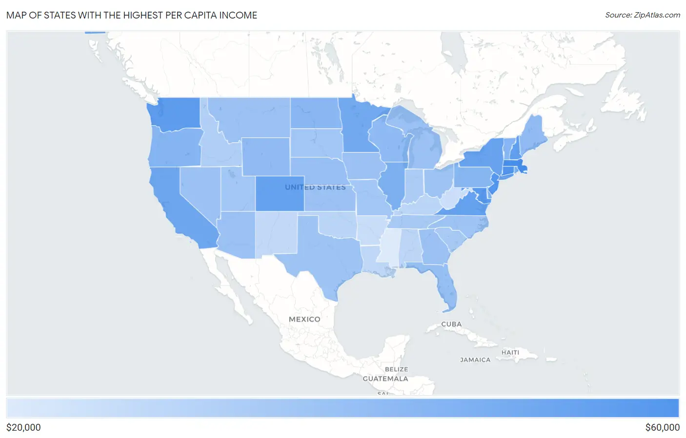 States with the Highest Per Capita Income in the United States Map