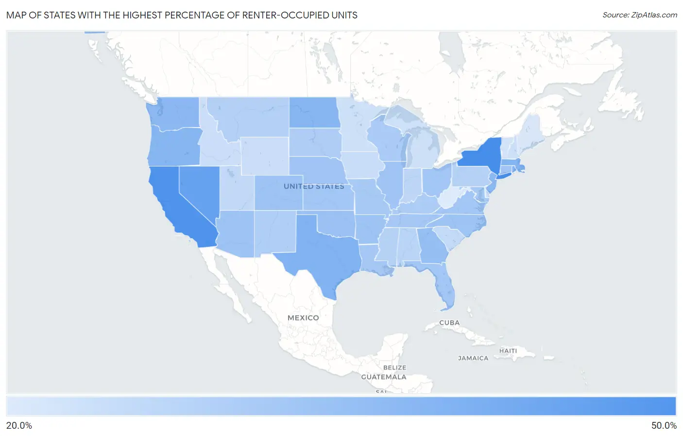 States with the Highest Percentage of Renter-Occupied Units in the United States Map
