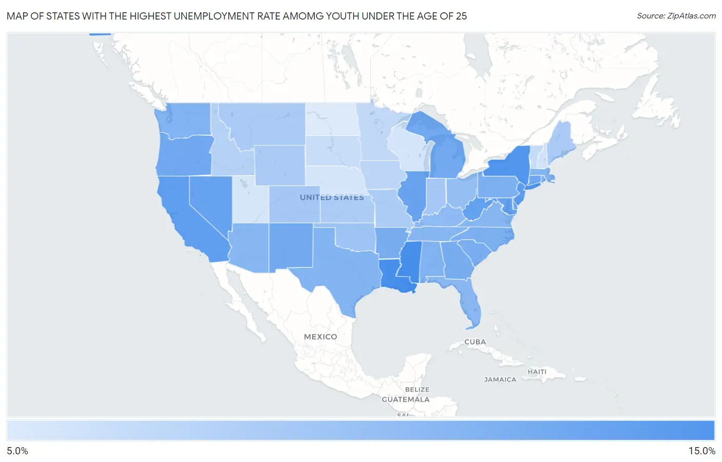 States with the Highest Unemployment Rate Amomg Youth Under the Age of 25 in the United States Map