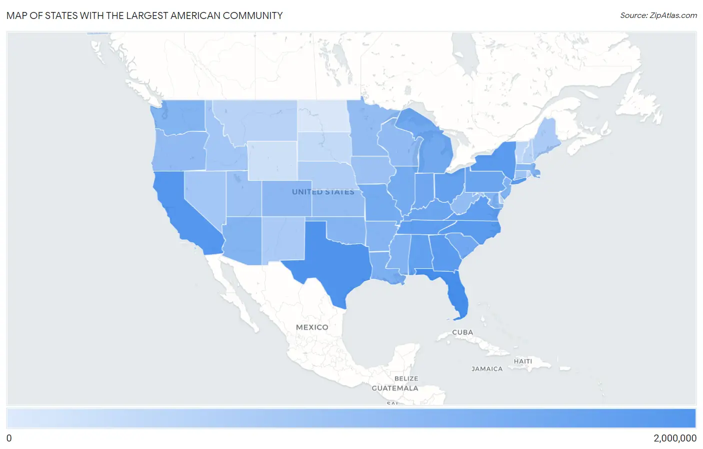 States with the Largest American Community in the United States Map