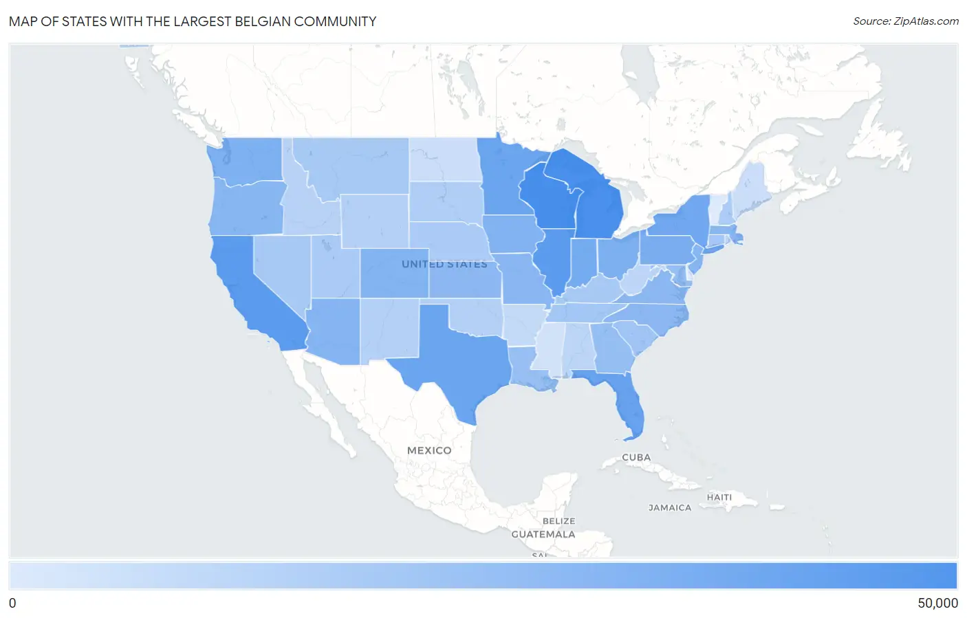 States with the Largest Belgian Community in the United States Map