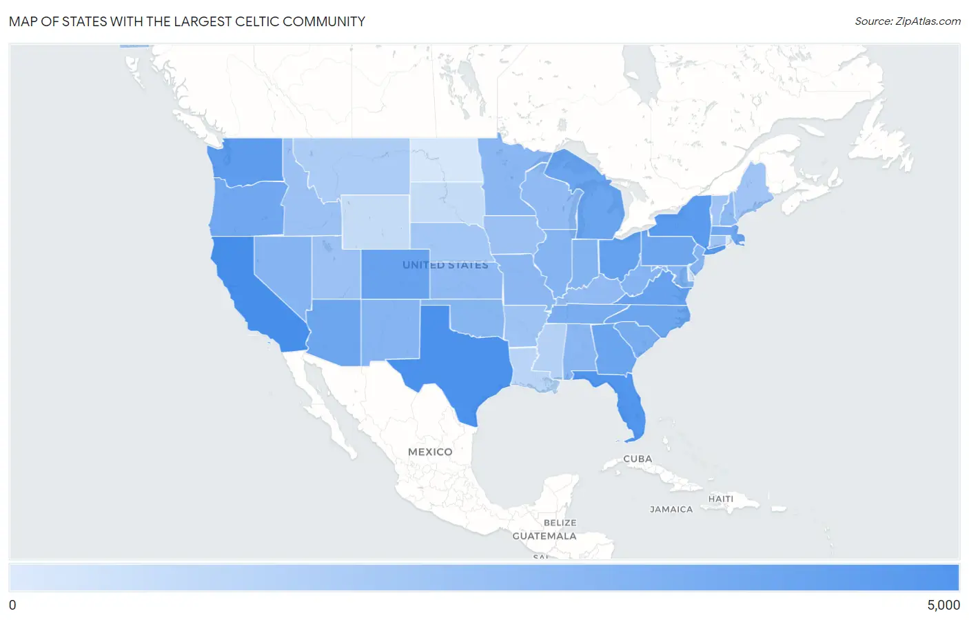 States with the Largest Celtic Community in the United States Map