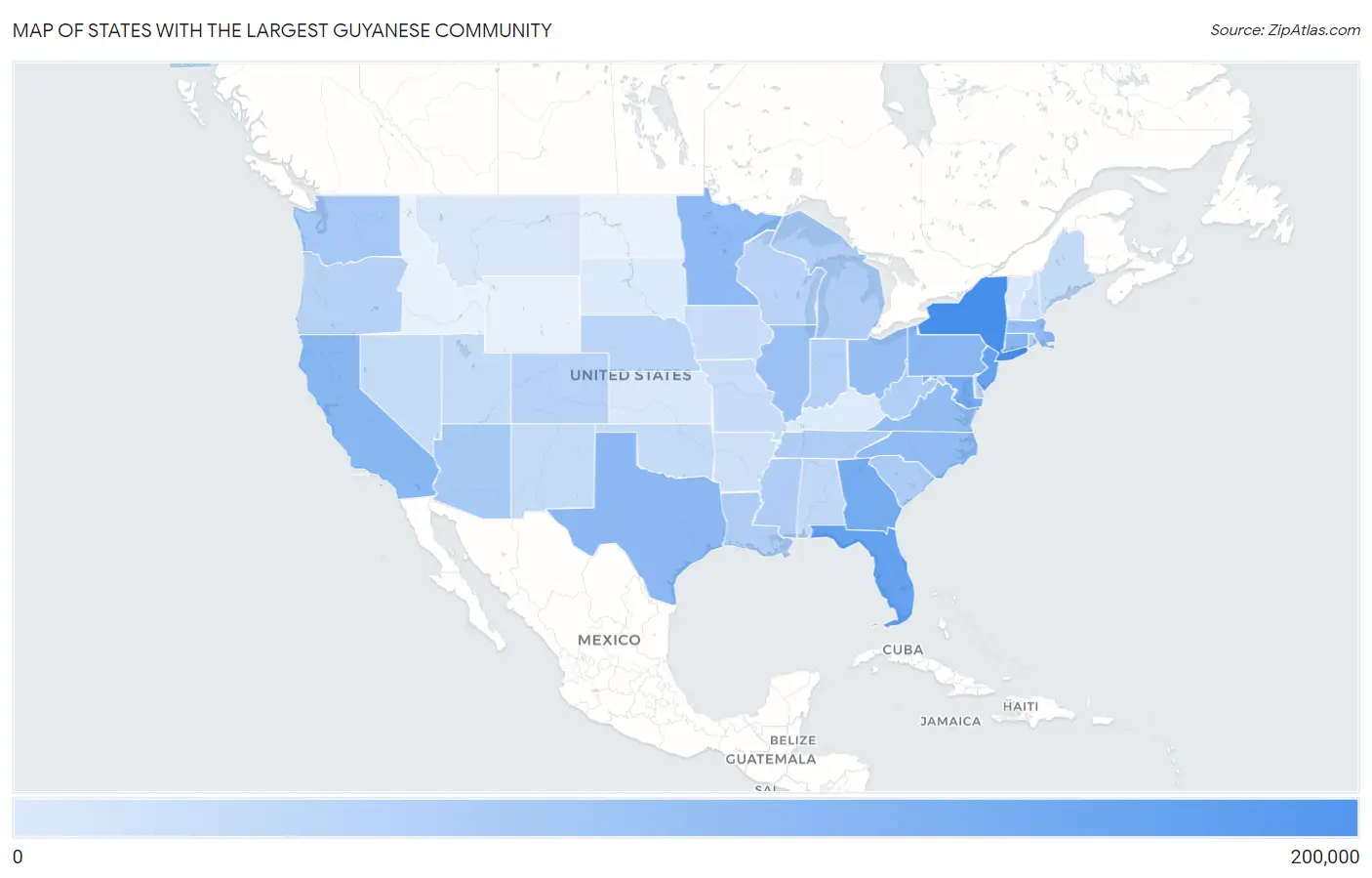 States with the Largest Guyanese Community in the United States Map