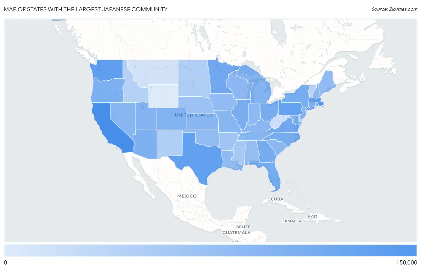 States with the Largest Japanese Community in the United States Map