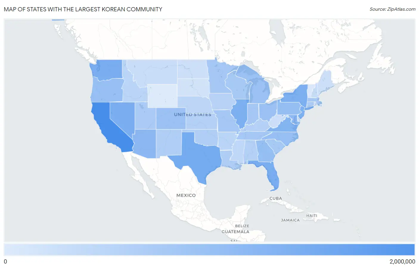 States with the Largest Korean Community in the United States Map