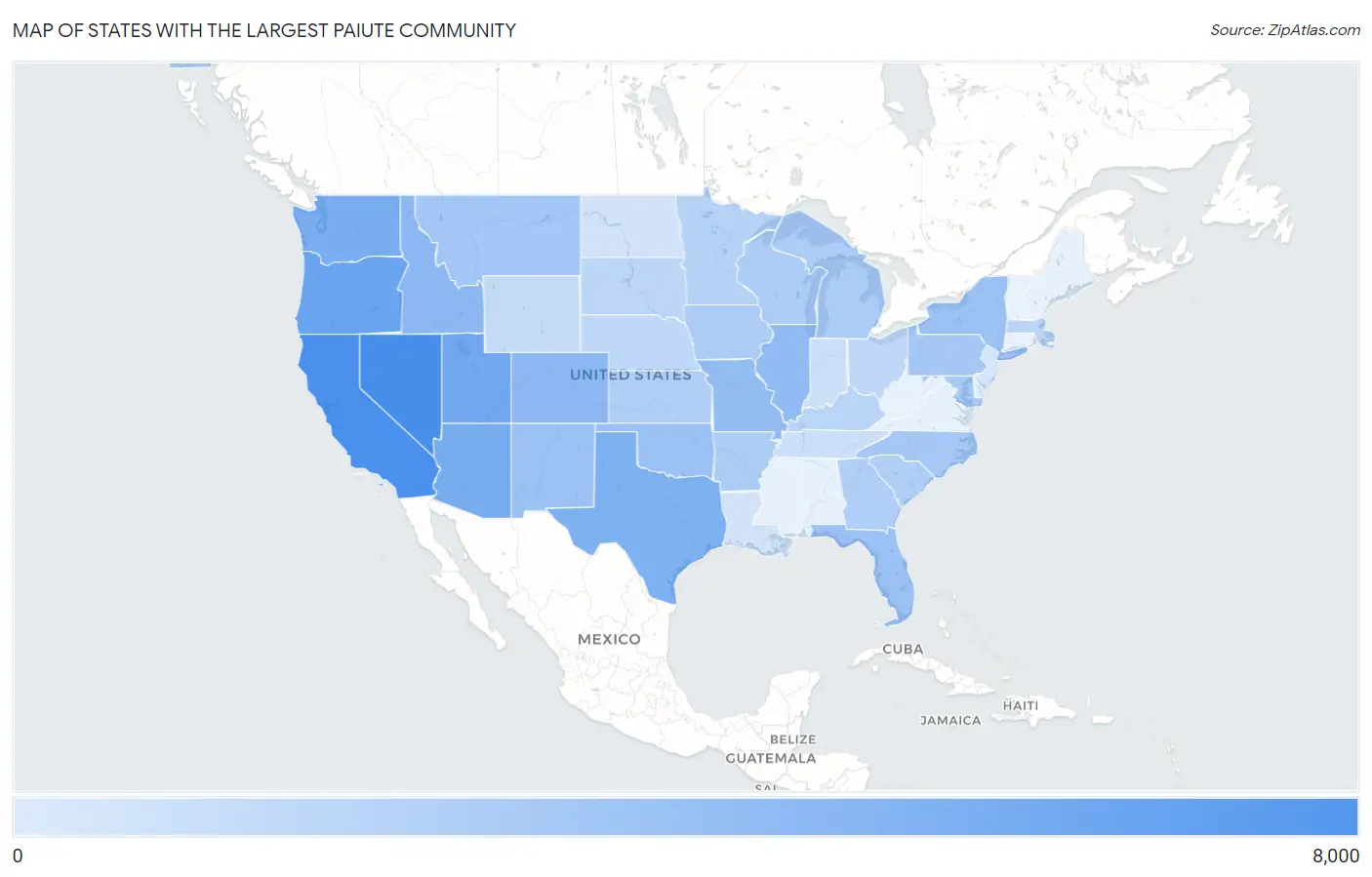 States with the Largest Paiute Community in the United States Map